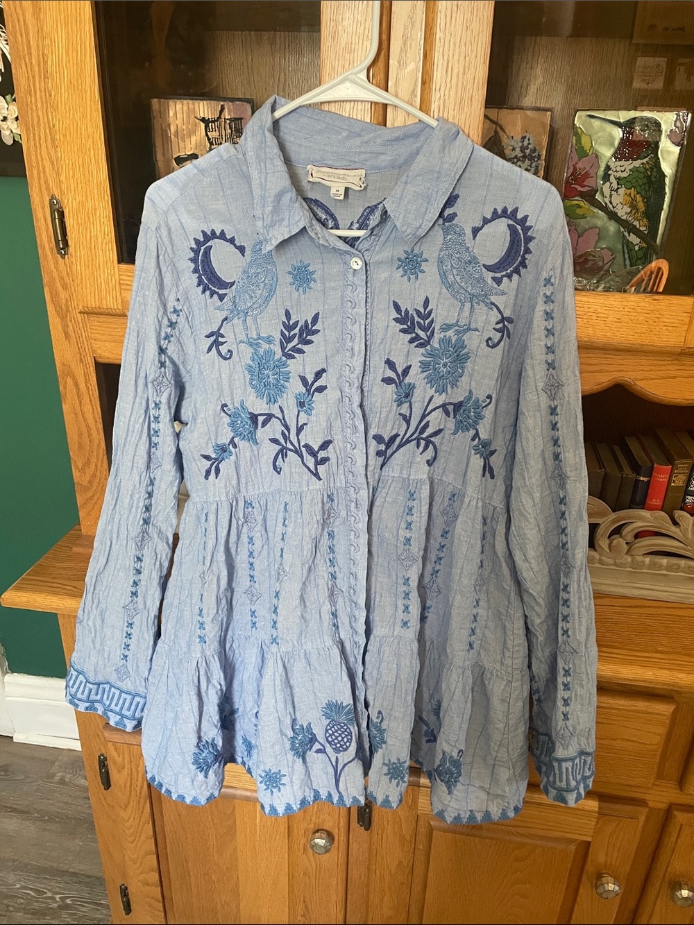 Johnny Was Light Blue Embroidered Button-Front Tunic